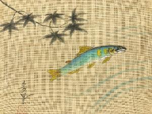 アンティーク　作家物　手描き紅葉・流水に魚模様夏用名古屋帯